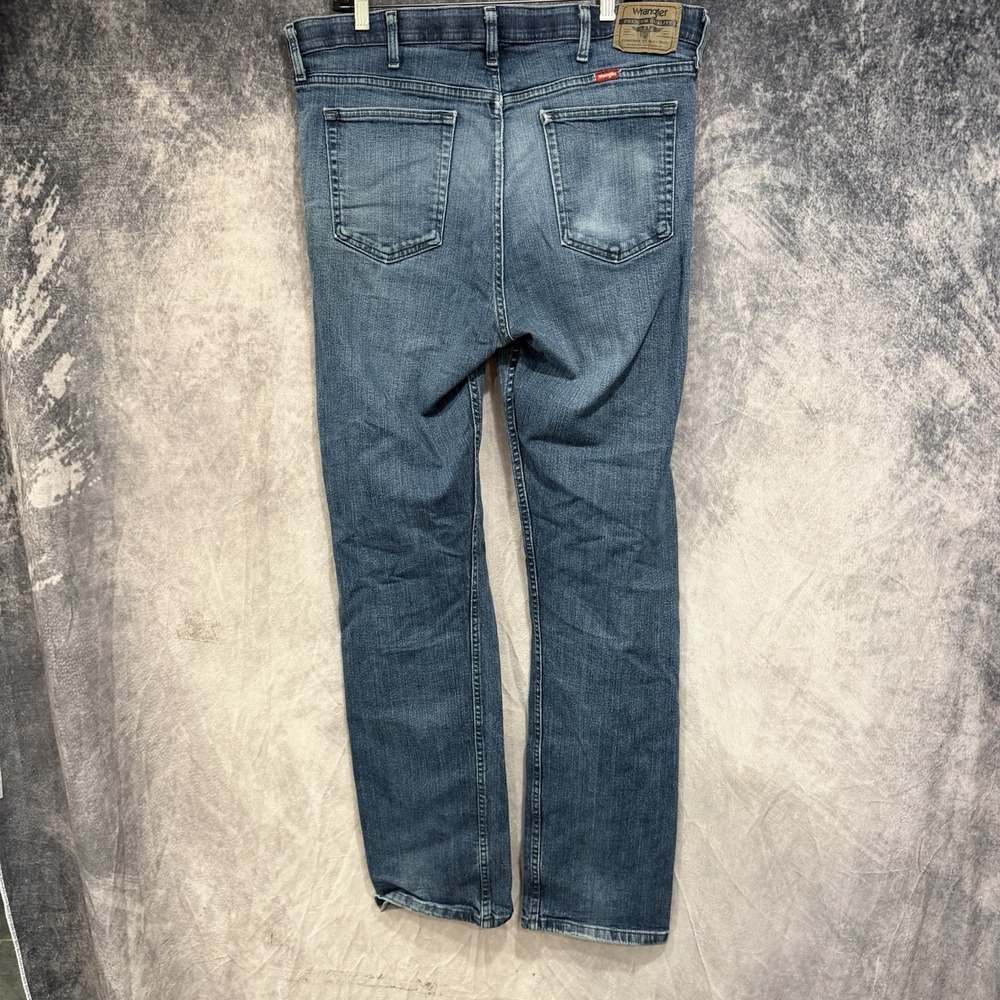 Wrangler Mens Jeans 36x34 Regular Fit Stretch Blue Denim Distressed Straight Leg